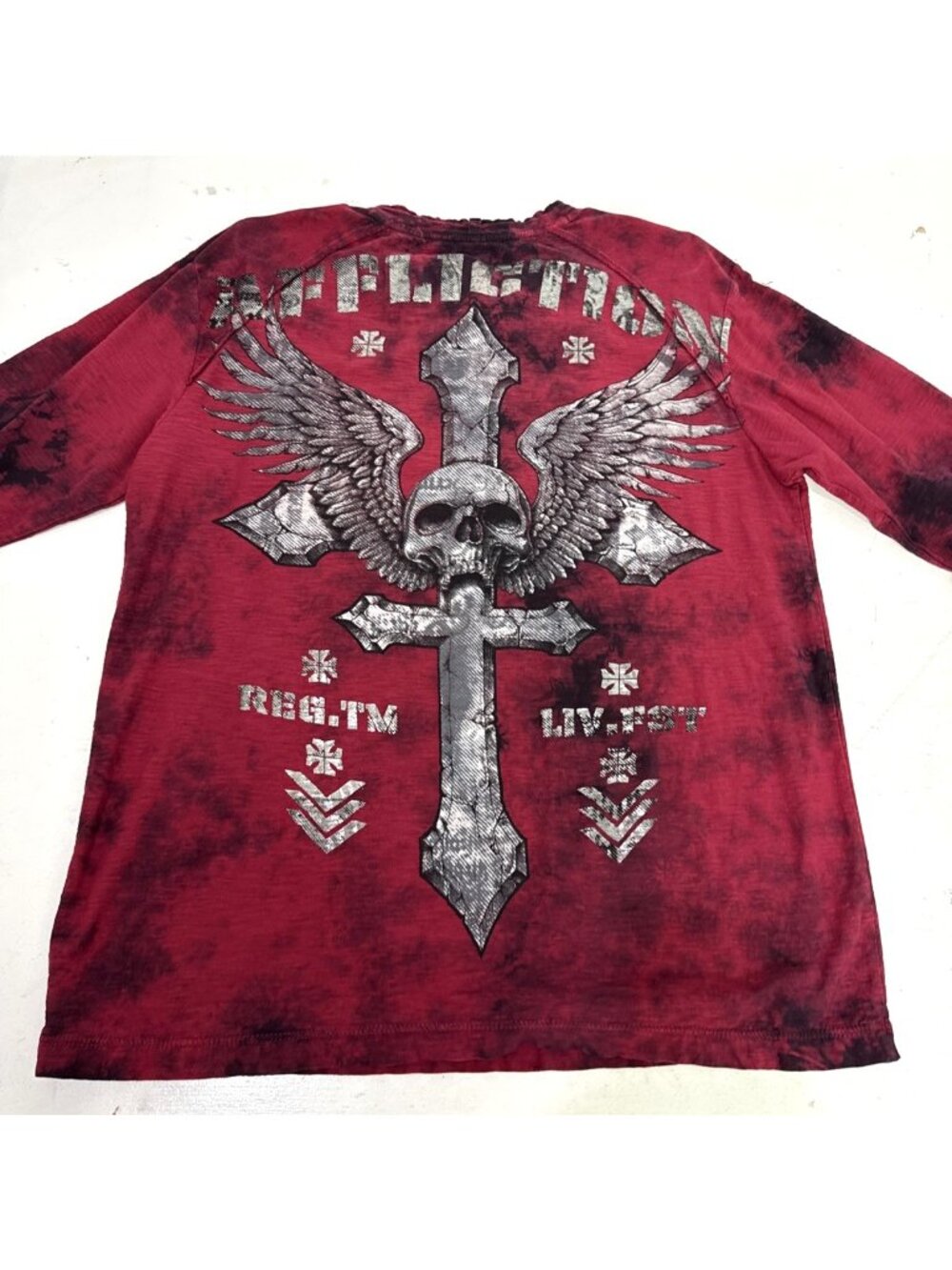 Affliction Red All Over Hit Graphic Skull Cross Long Sleeve T Shirt Mens Size L